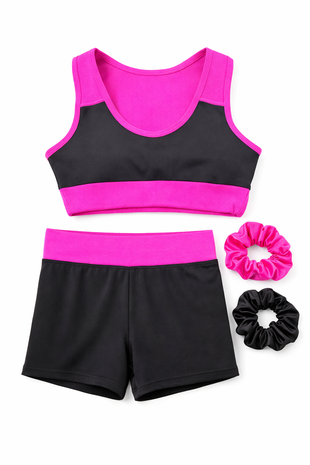 Roupa de Treino Sunkine para Ginástica Artística – Conjunto Top + Shorts + Calcinha Infantil + Brinde 2 Scrunchies