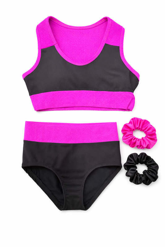 Roupa de Treino Sunkine para Ginástica Artística – Conjunto Top + Calcinha Infantil + Brinde 2 Scrunchies