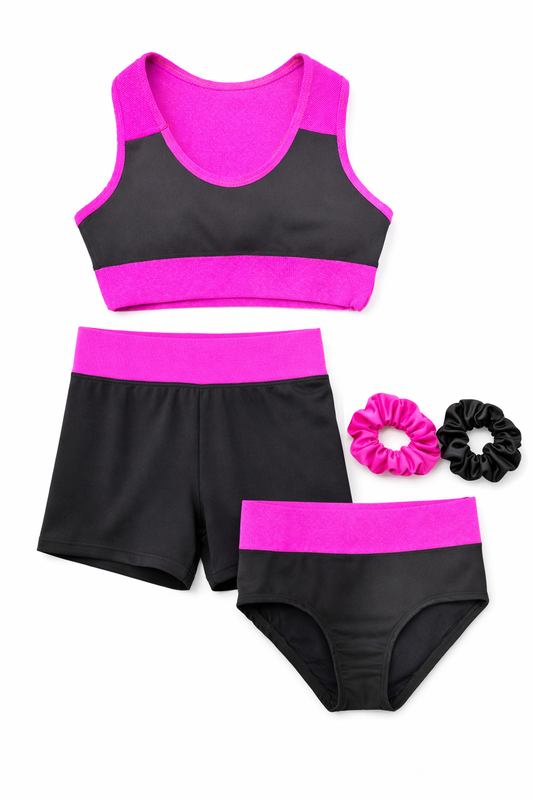 Roupa de Treino Sunkine para Ginástica Artística – Conjunto Top + Shorts + Calcinha Infantil + Brinde 2 Scrunchies